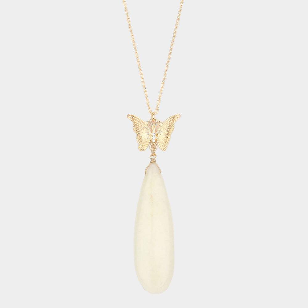 Butterfly Natural Stone Teardrop Link Pendant Long Necklace - Madeline Love - Flyclothing LLC