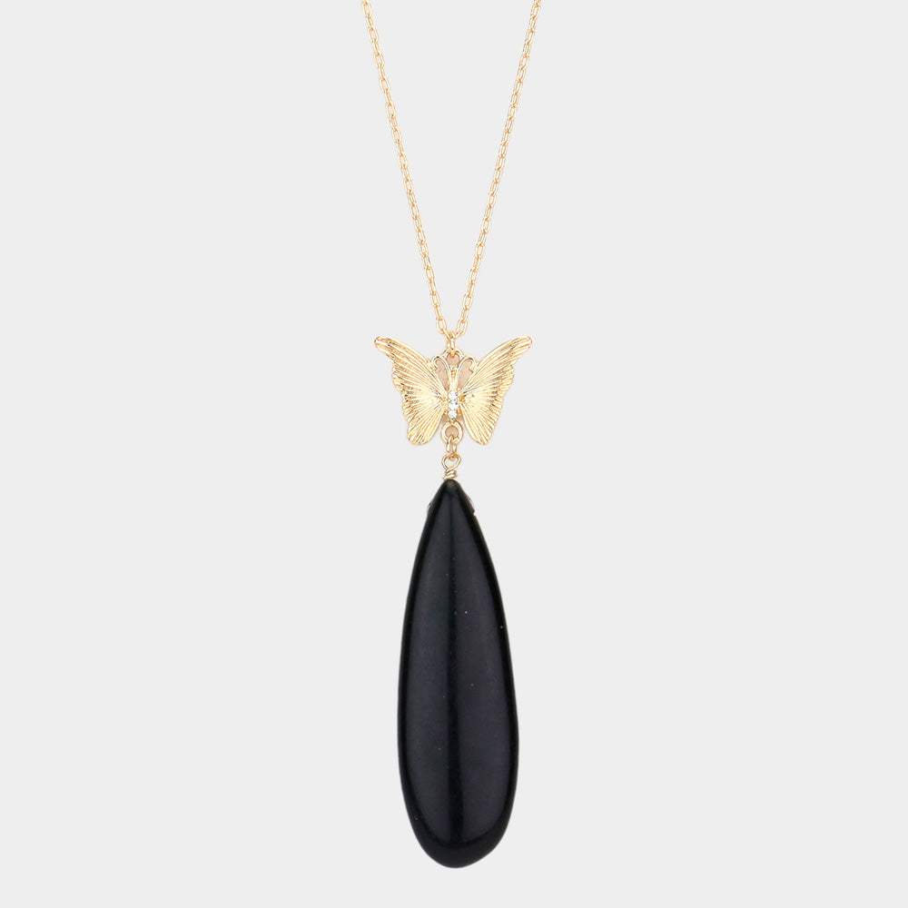 Butterfly Natural Stone Teardrop Link Pendant Long Necklace - Madeline Love - Flyclothing LLC