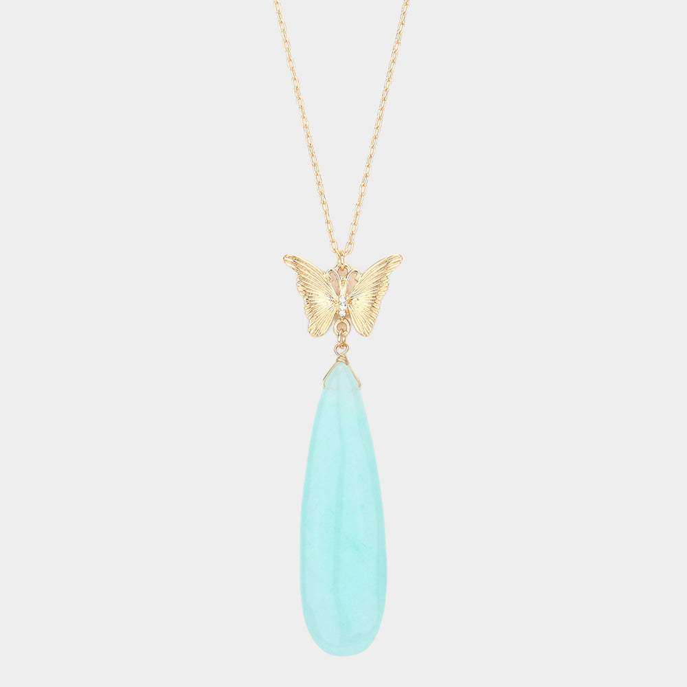 Butterfly Natural Stone Teardrop Link Pendant Long Necklace - Madeline Love - Flyclothing LLC