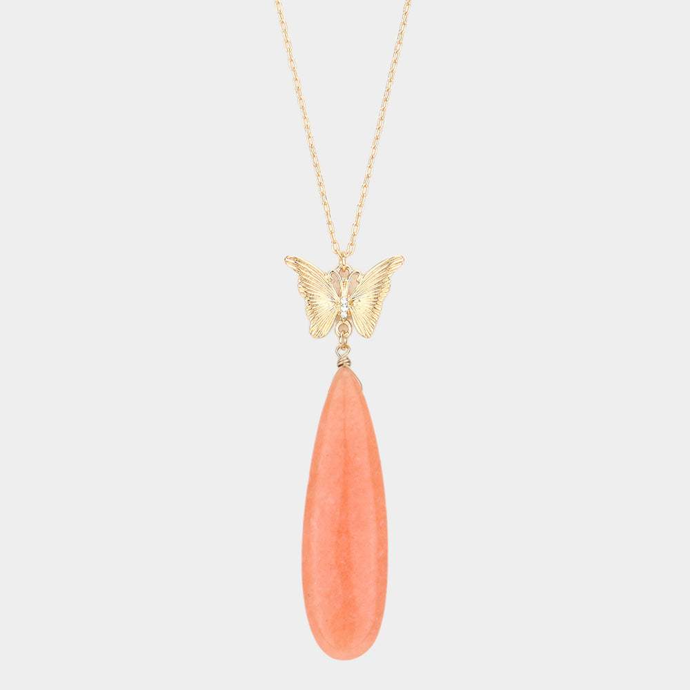 Butterfly Natural Stone Teardrop Link Pendant Long Necklace - Madeline Love - Flyclothing LLC