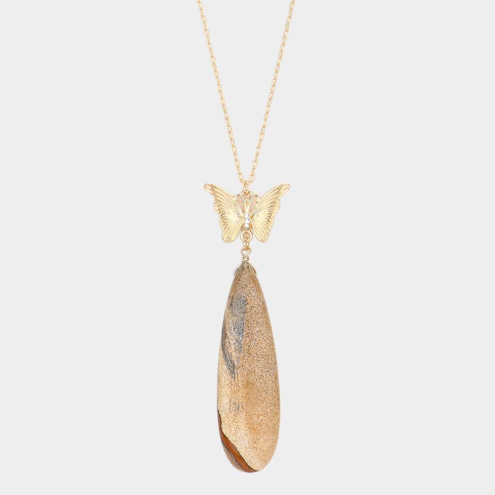 Butterfly Natural Stone Teardrop Link Pendant Long Necklace - Madeline Love - Flyclothing LLC