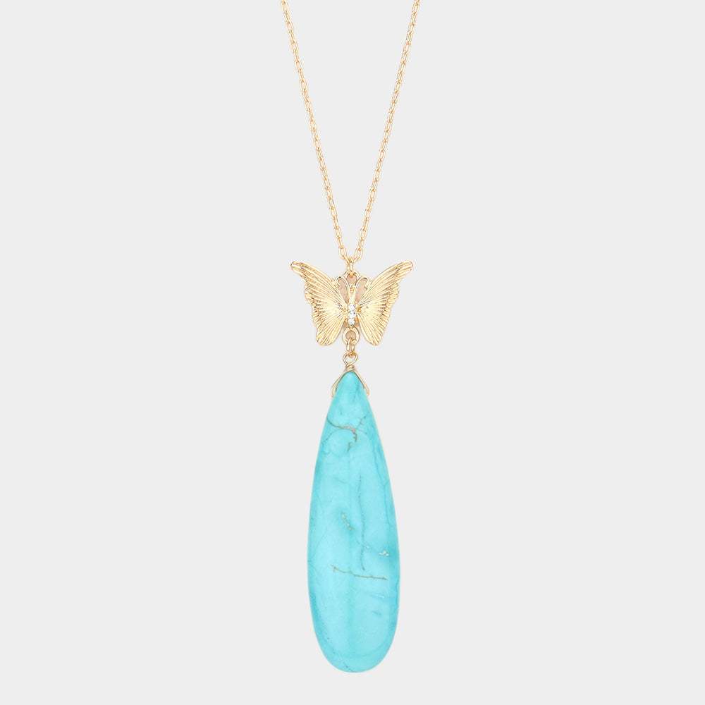 Butterfly Natural Stone Teardrop Link Pendant Long Necklace - Madeline Love - Flyclothing LLC