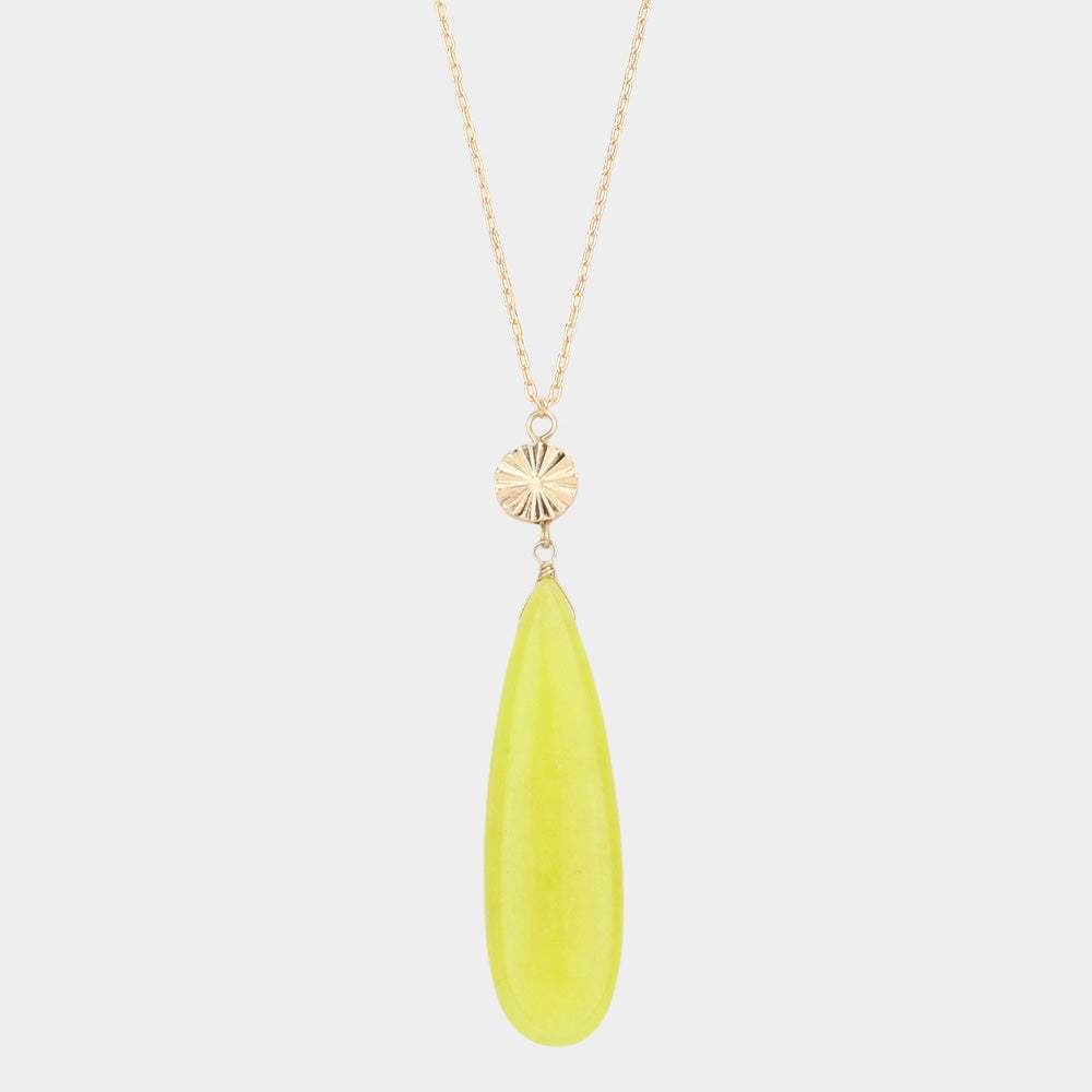 Textured Metal Round Natural Stone Teardrop Link Pendant Long Necklace - Madeline Love - Flyclothing LLC