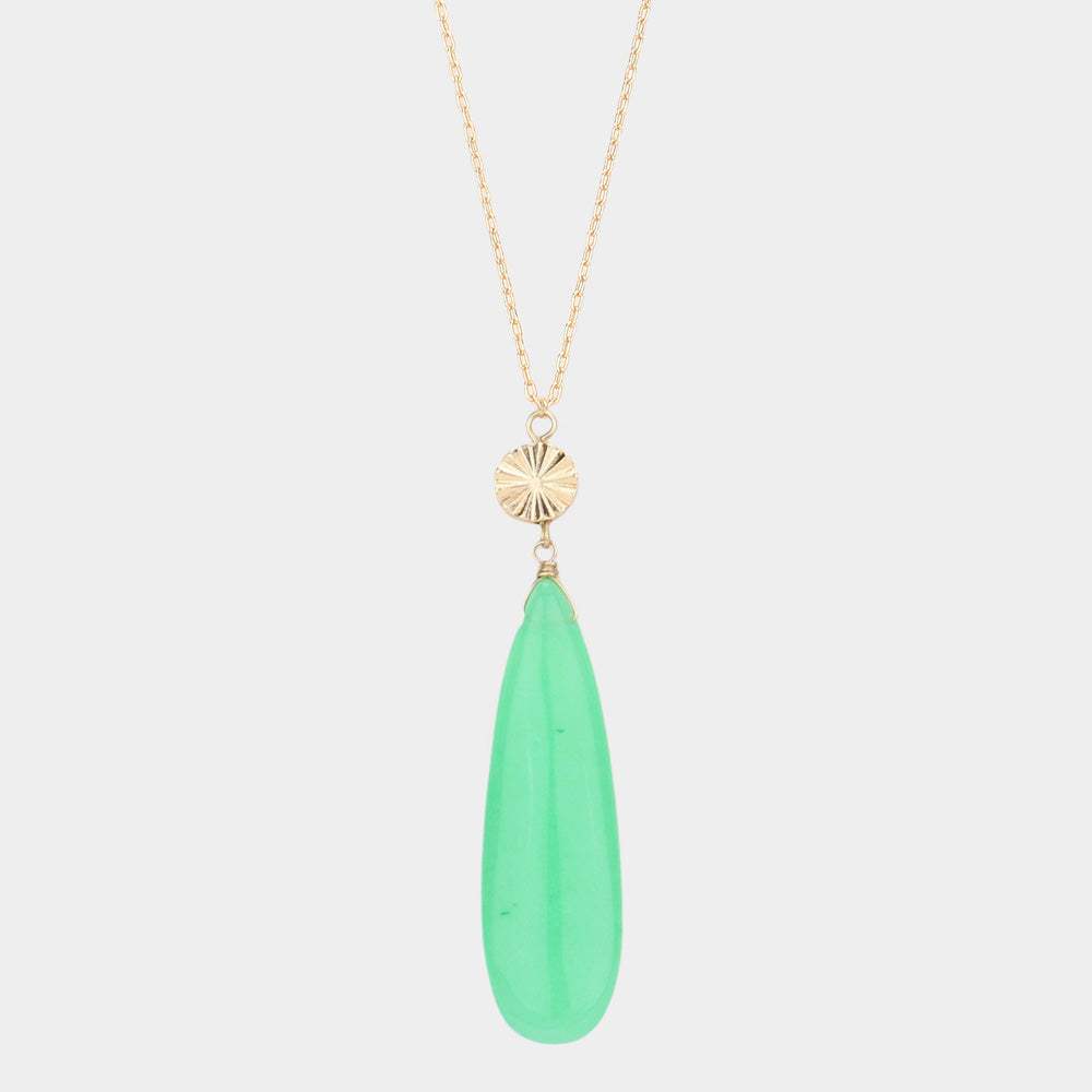 Textured Metal Round Natural Stone Teardrop Link Pendant Long Necklace - Madeline Love - Flyclothing LLC