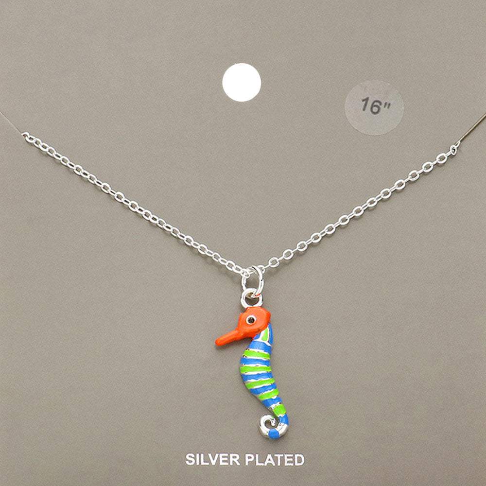 Silver Plated Enamel Metal Seahorse Pendant Necklace - Madeline Love - Flyclothing LLC