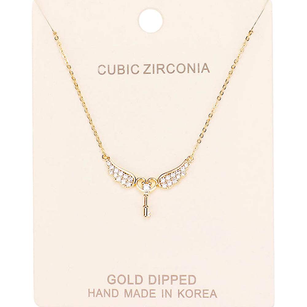 Gold Dipped CZ Angel Wings Key Pendant Necklace - Madeline Love - Flyclothing LLC