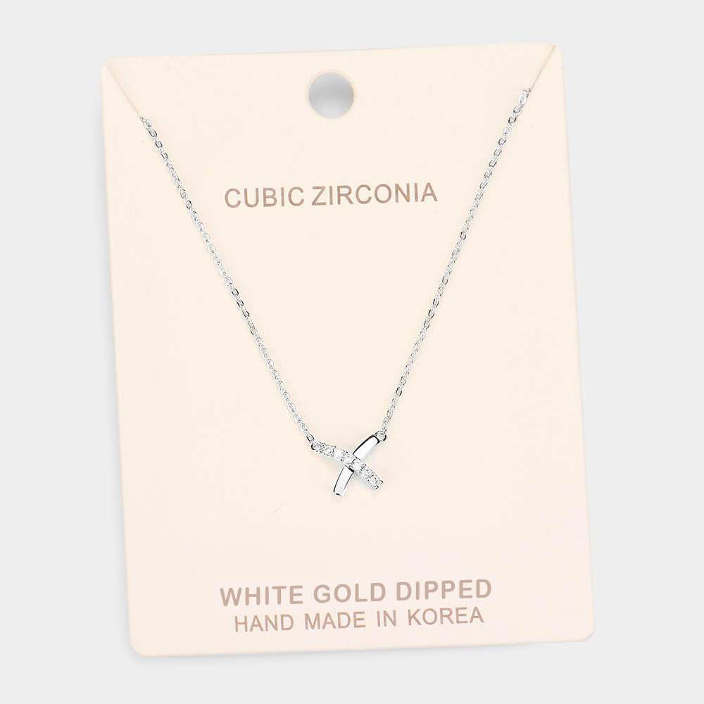 White Gold Dipped Cubic Zirconia Crisscross Pendant Necklace - Madeline Love - Flyclothing LLC