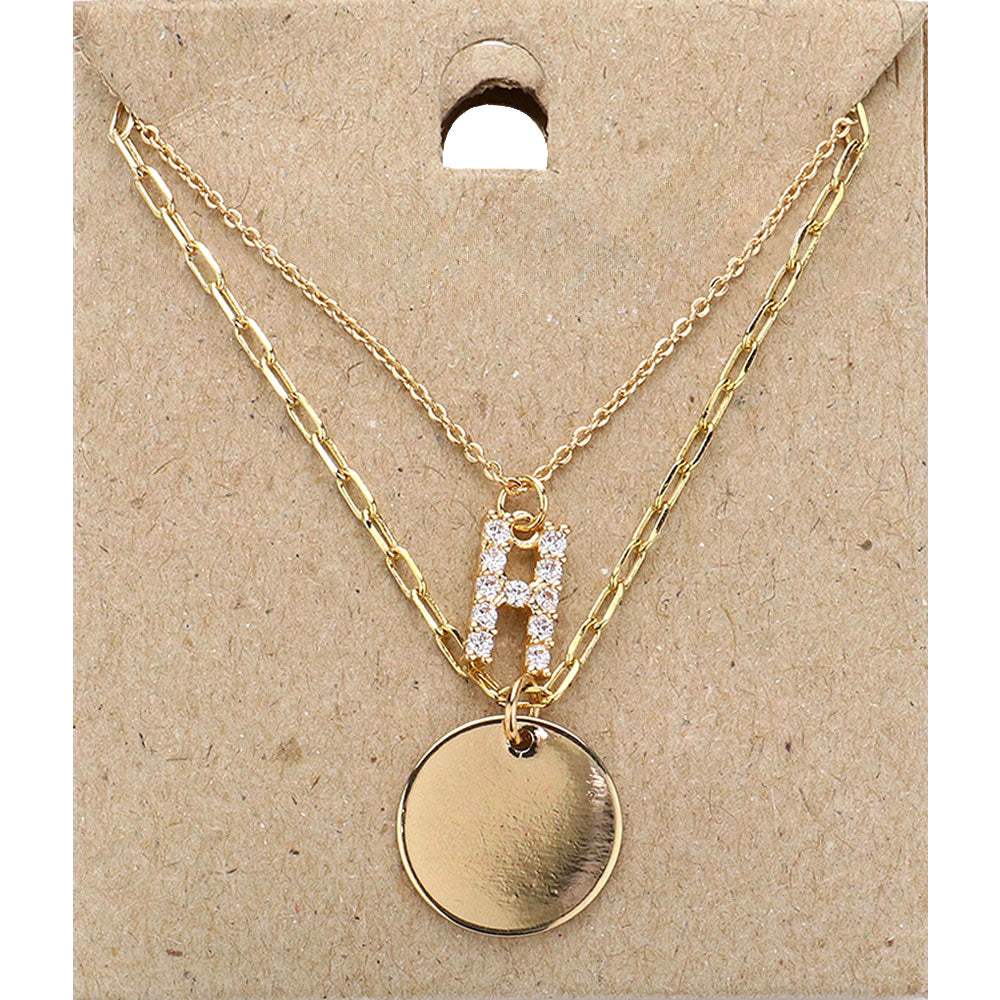 -H- Rhinestone Initial Initial Monogram Metal Disc Pendant Double Layered Necklace - Madeline Love - Flyclothing LLC