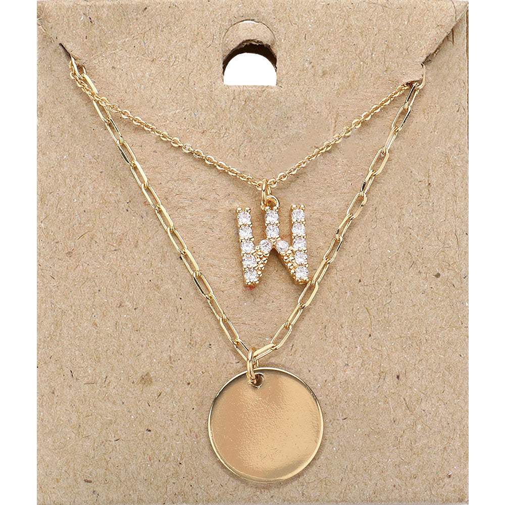 -W- Rhinestone Initial Monogram Metal Disc Pendant Double Layered Necklace - Madeline Love - Flyclothing LLC