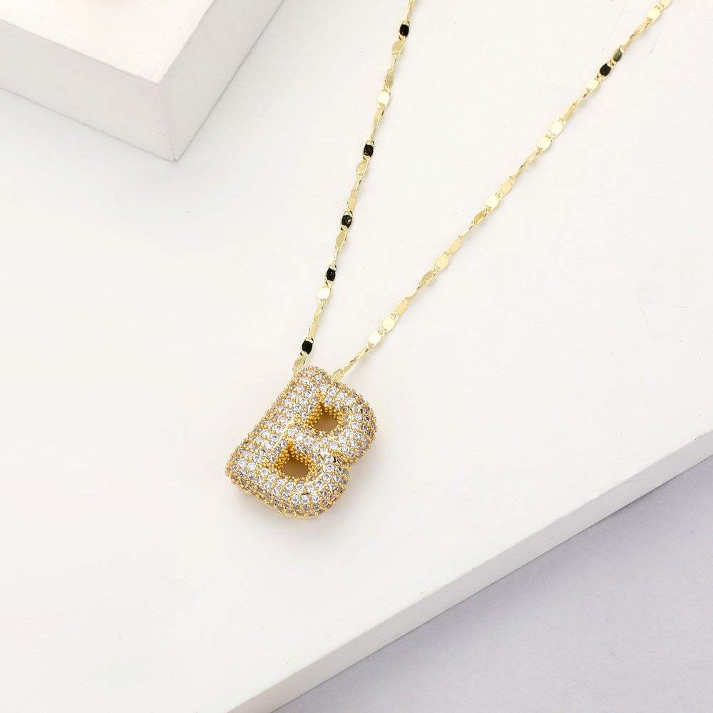 -B- Gold Dipped CZ Stone Paved Initial Monogram Pendant Necklace - Madeline Love - Flyclothing LLC