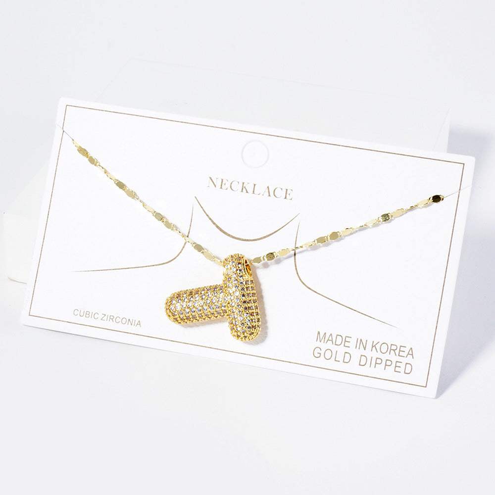 -T- Gold Dipped CZ Stone Paved Initial Monogram Pendant Necklace - Madeline Love - Flyclothing LLC