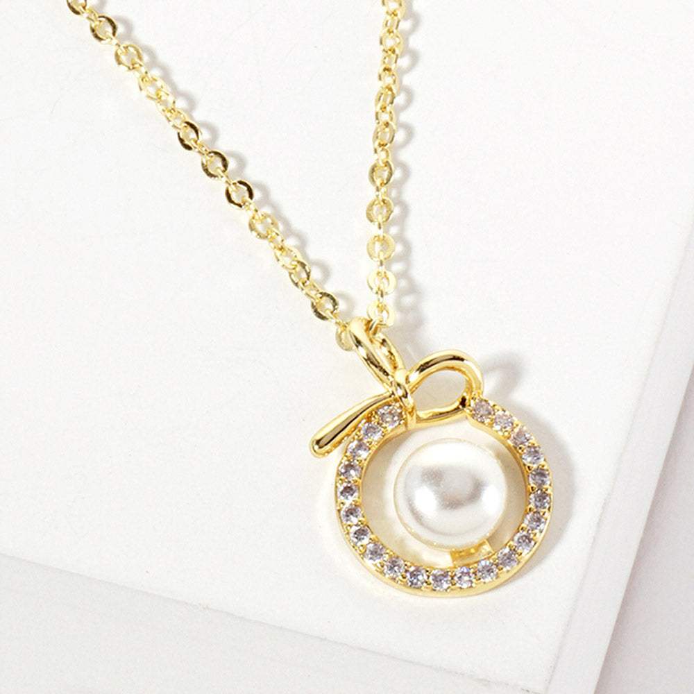 Gold Dipped CZ Pave Halo Pearl Charm Pendant Necklace - Madeline Love - Flyclothing LLC