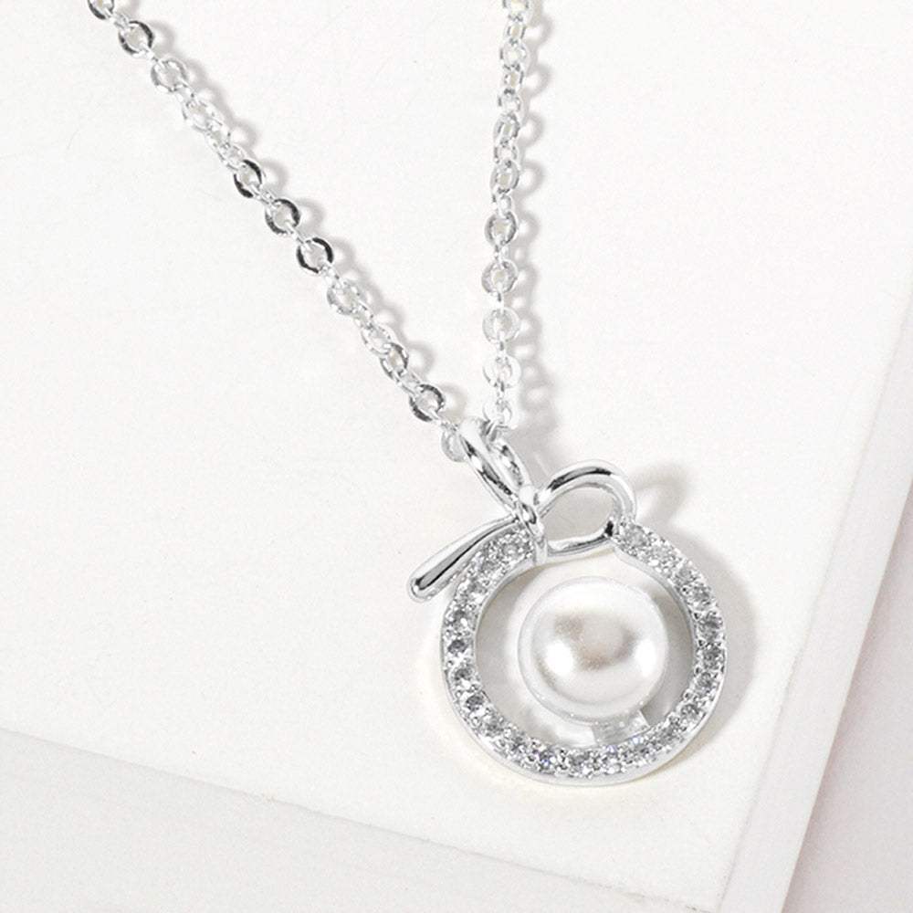 White Gold Dipped CZ Pave Halo Pearl Charm Pendant Necklace - Madeline Love - Flyclothing LLC