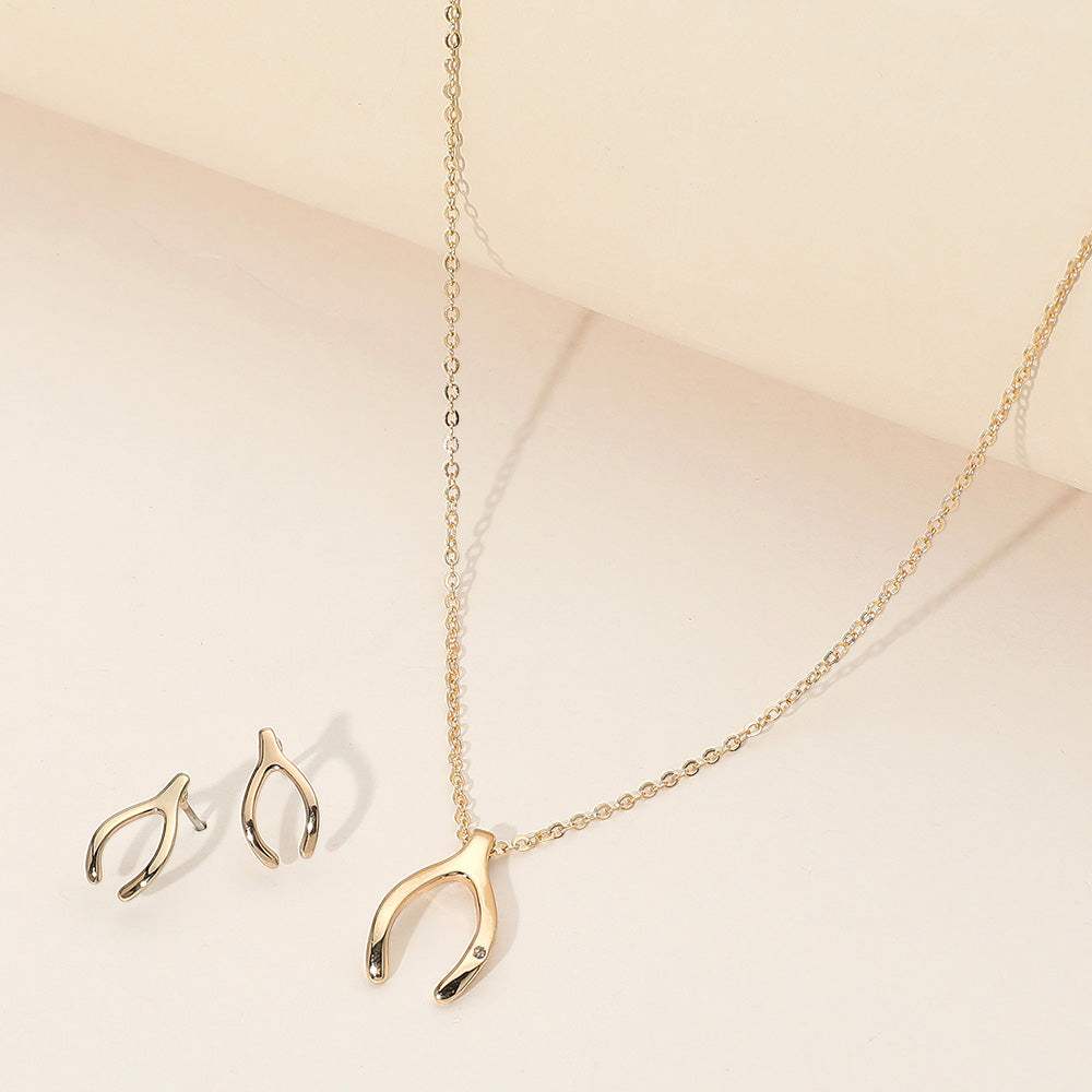 Rhinestone Embellished Brass Metal Wishbone Pendant Necklace - Madeline Love - Flyclothing LLC