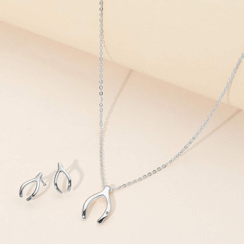 Rhinestone Embellished Brass Metal Wishbone Pendant Necklace - Madeline Love - Flyclothing LLC
