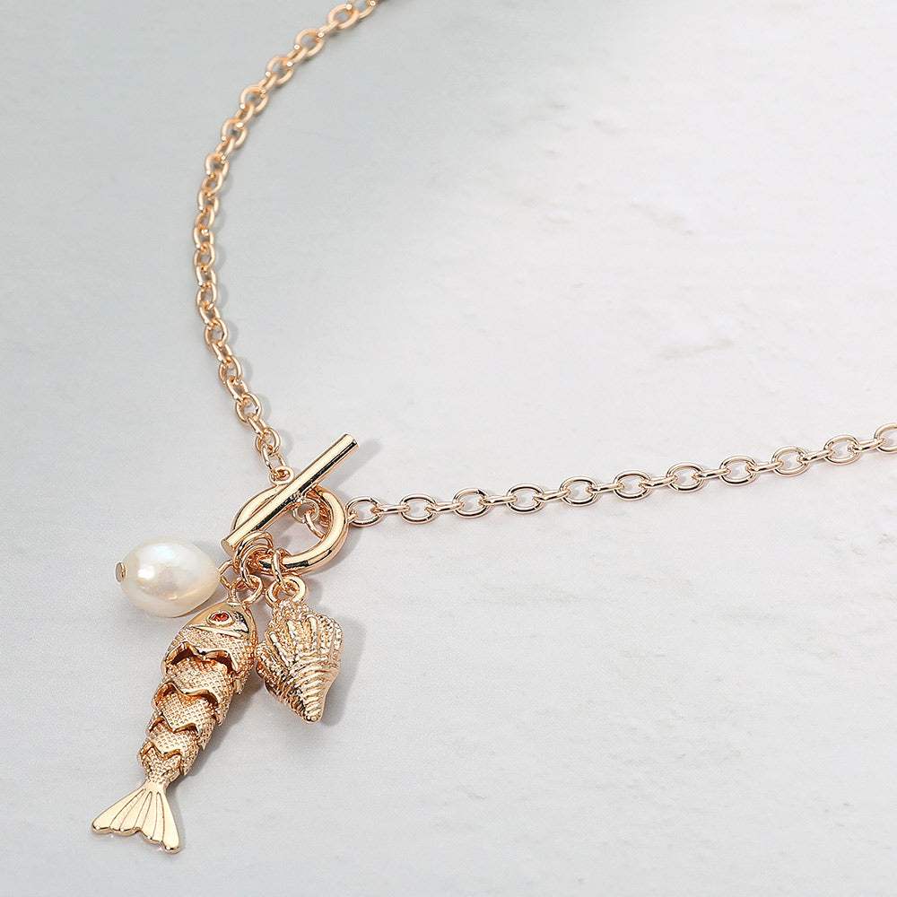 Pearl Conch Shell Fish Charm Toggle Pendant Necklace - Madeline Love - Flyclothing LLC