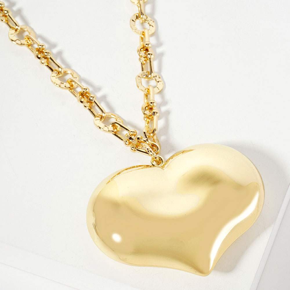Gold Dipped Bold Puffy Heart Pendant Chunky Chain Necklace - Madeline Love - Flyclothing LLC