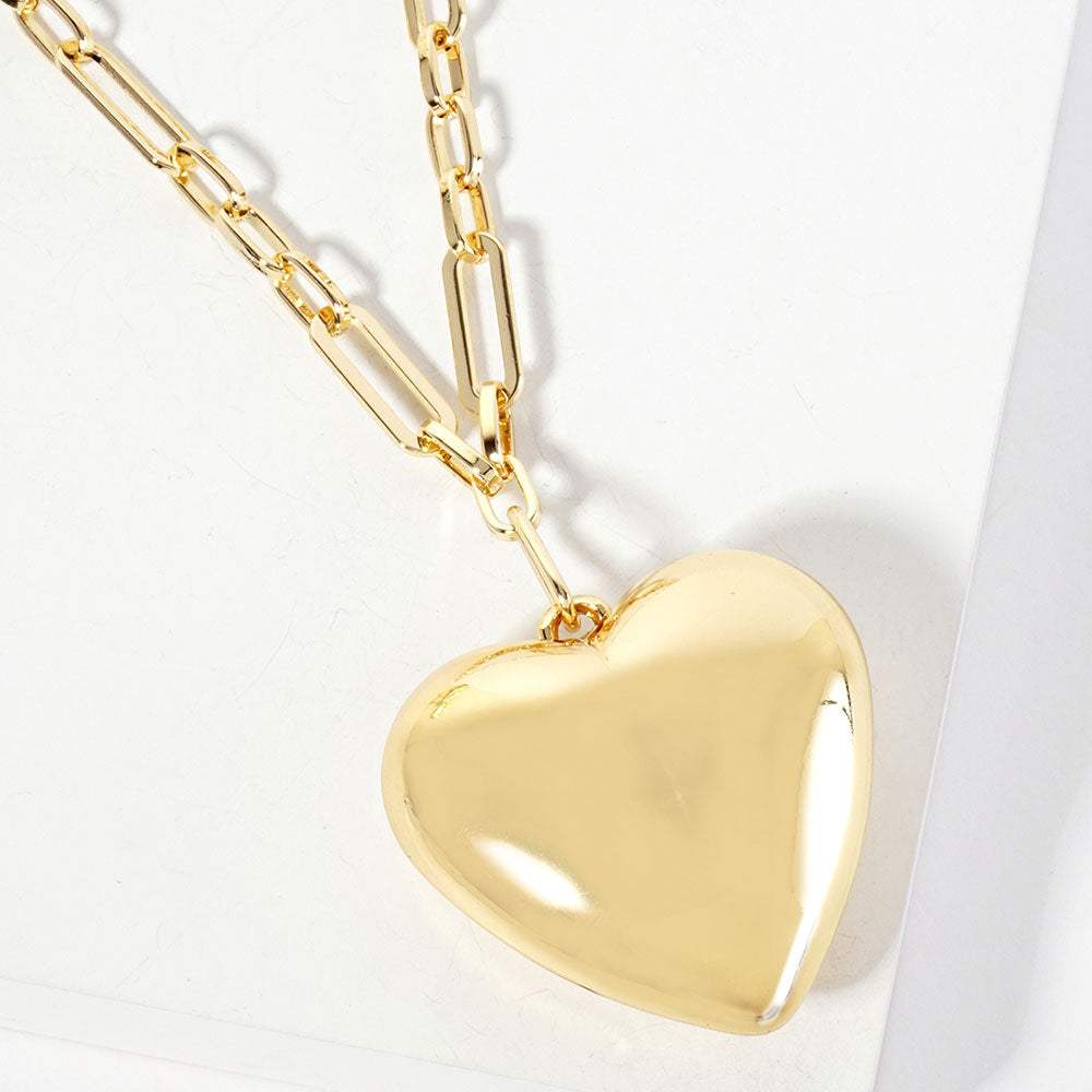 Gold Dipped Bold Puffy Heart Pendant Paperclip Link Chain Necklace - Madeline Love - Flyclothing LLC