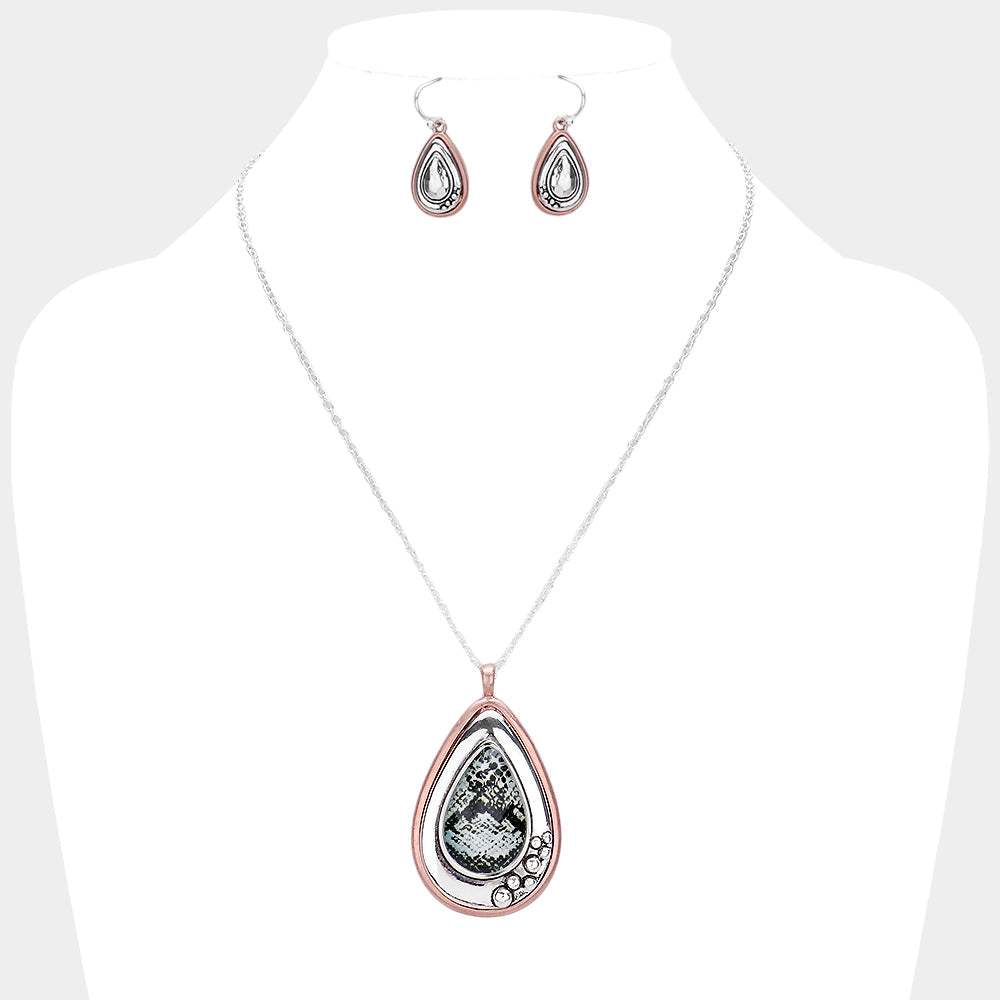 Snake Skin Print Centered Teardrop Metal Pendant Necklace - Madeline Love - Flyclothing LLC