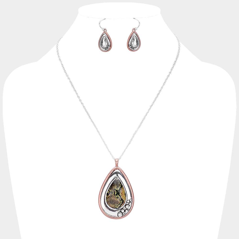 Snake Skin Print Centered Teardrop Metal Pendant Necklace - Madeline Love - Flyclothing LLC
