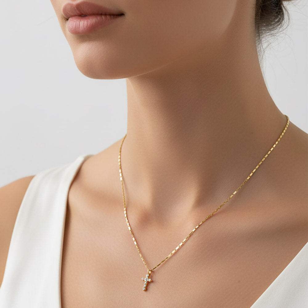 Gold Dipped CZ Stone Point Mini Cross Pendant Necklace - Madeline Love - Flyclothing LLC