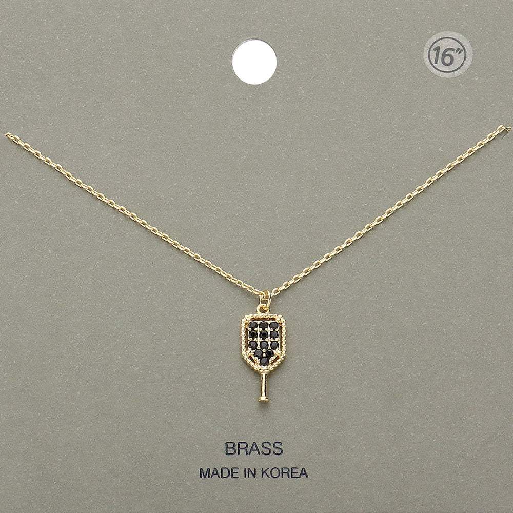 Stone Paved Brass Metal Pickleball Paddle Pendant Necklace - Madeline Love - Flyclothing LLC