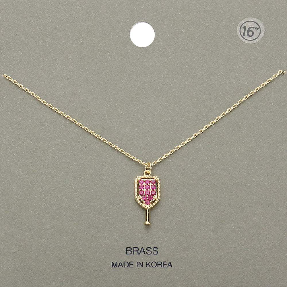 Stone Paved Brass Metal Pickleball Paddle Pendant Necklace - Madeline Love - Flyclothing LLC