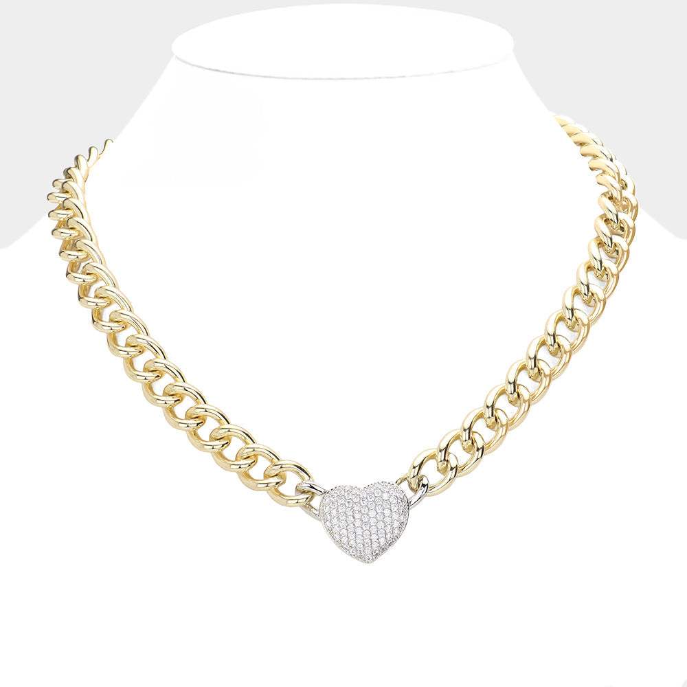 CZ Stone Paved Heart Pendant Toggle Necklace - Madeline Love - Flyclothing LLC