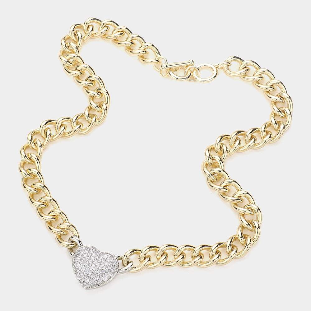 CZ Stone Paved Heart Pendant Toggle Necklace - Madeline Love - Flyclothing LLC