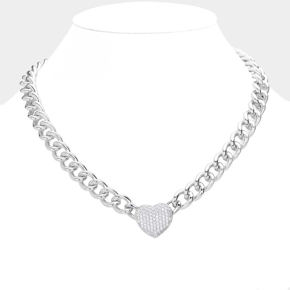 CZ Stone Paved Heart Pendant Toggle Necklace - Madeline Love - Flyclothing LLC