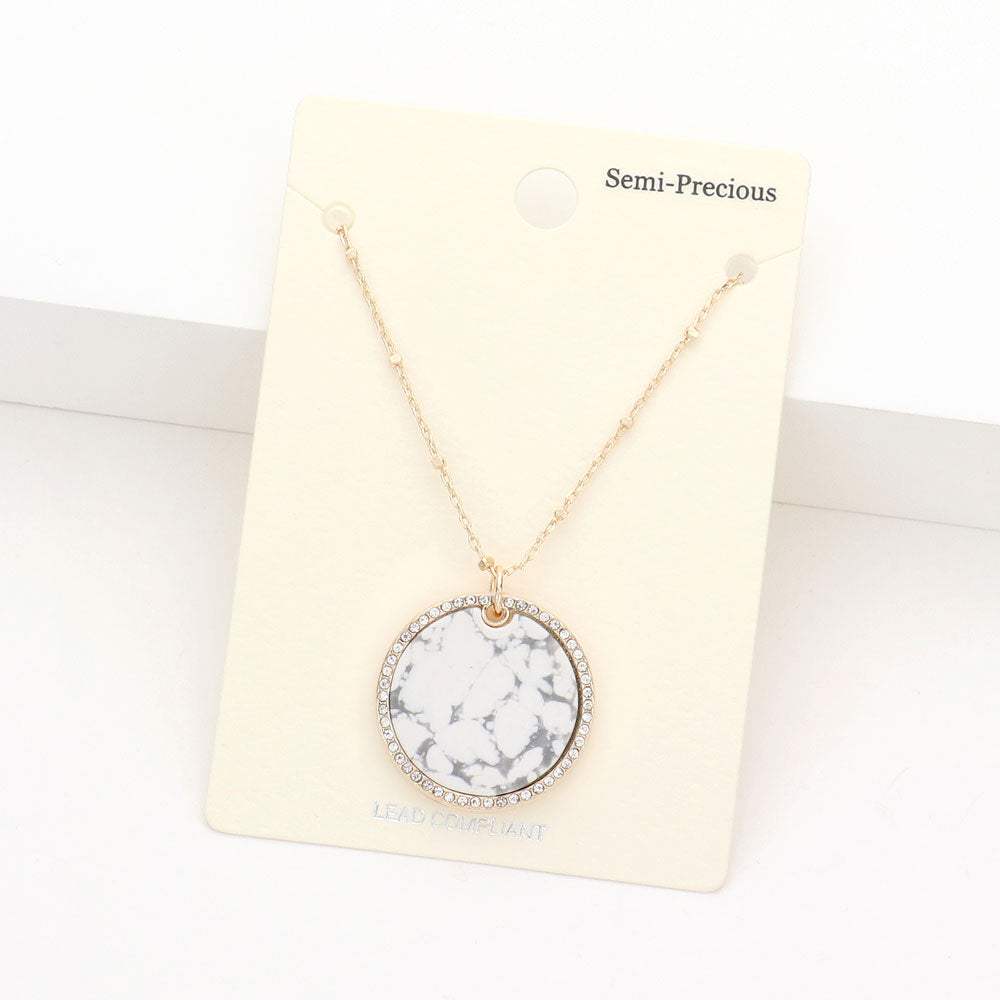 Rhinestone Trimmed Semi Precious Round Pendant Necklace - Madeline Love - Flyclothing LLC