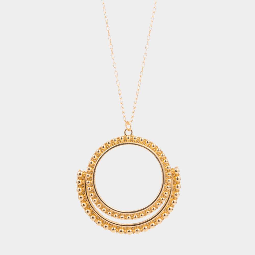 Bubble Textured Geometric Open Metal Circle Pendant Long Necklace - Madeline Love - Flyclothing LLC