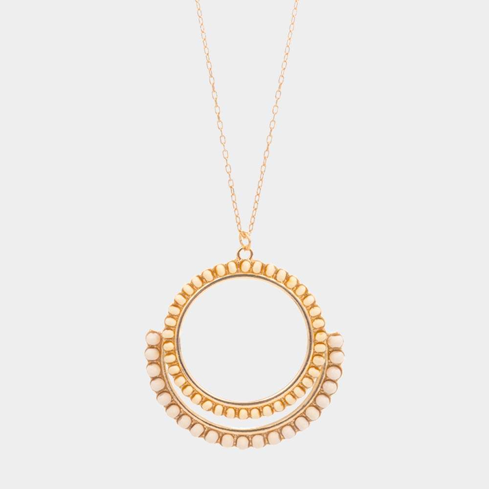 Wood Embellished Geometric Open Circle Pendant Long Necklace - Madeline Love - Flyclothing LLC