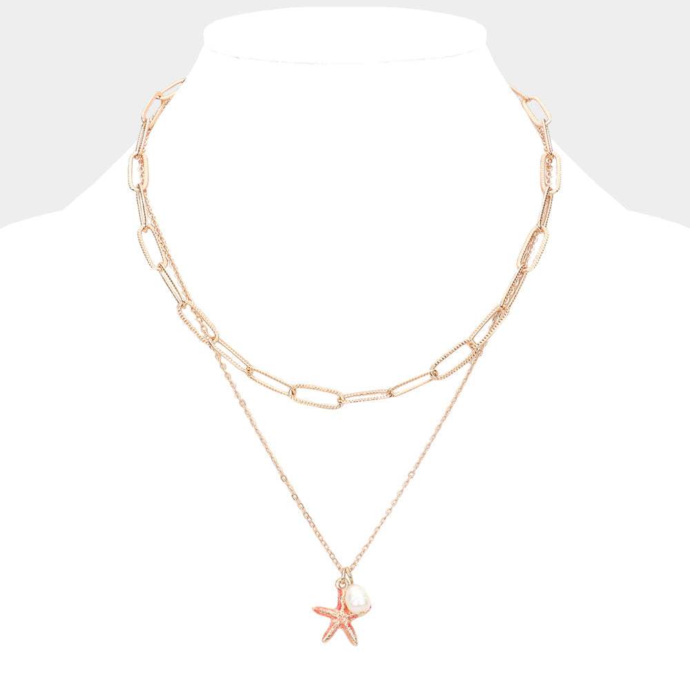 Starfish Freshwater Pearl Pendant Double Layered Necklace - Madeline Love - Flyclothing LLC