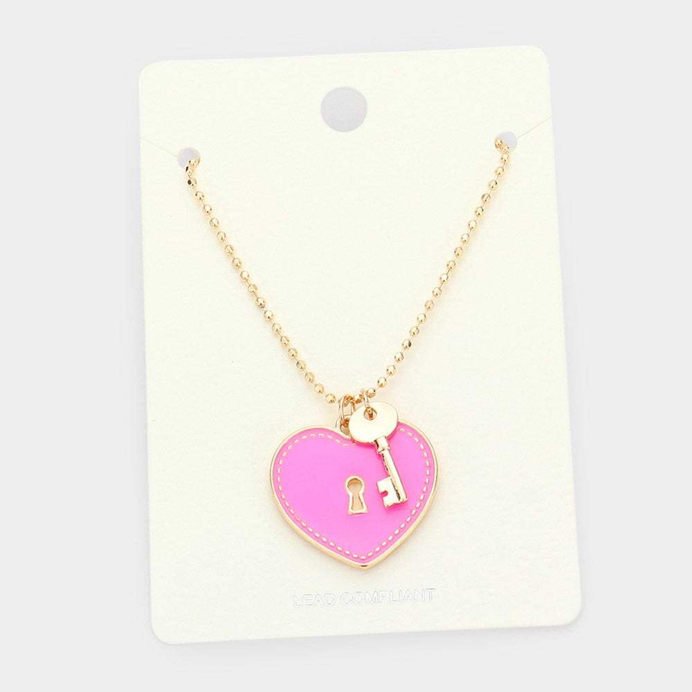 Enamel Heart Lock Metal Key Pendant Necklace - Madeline Love - Flyclothing LLC