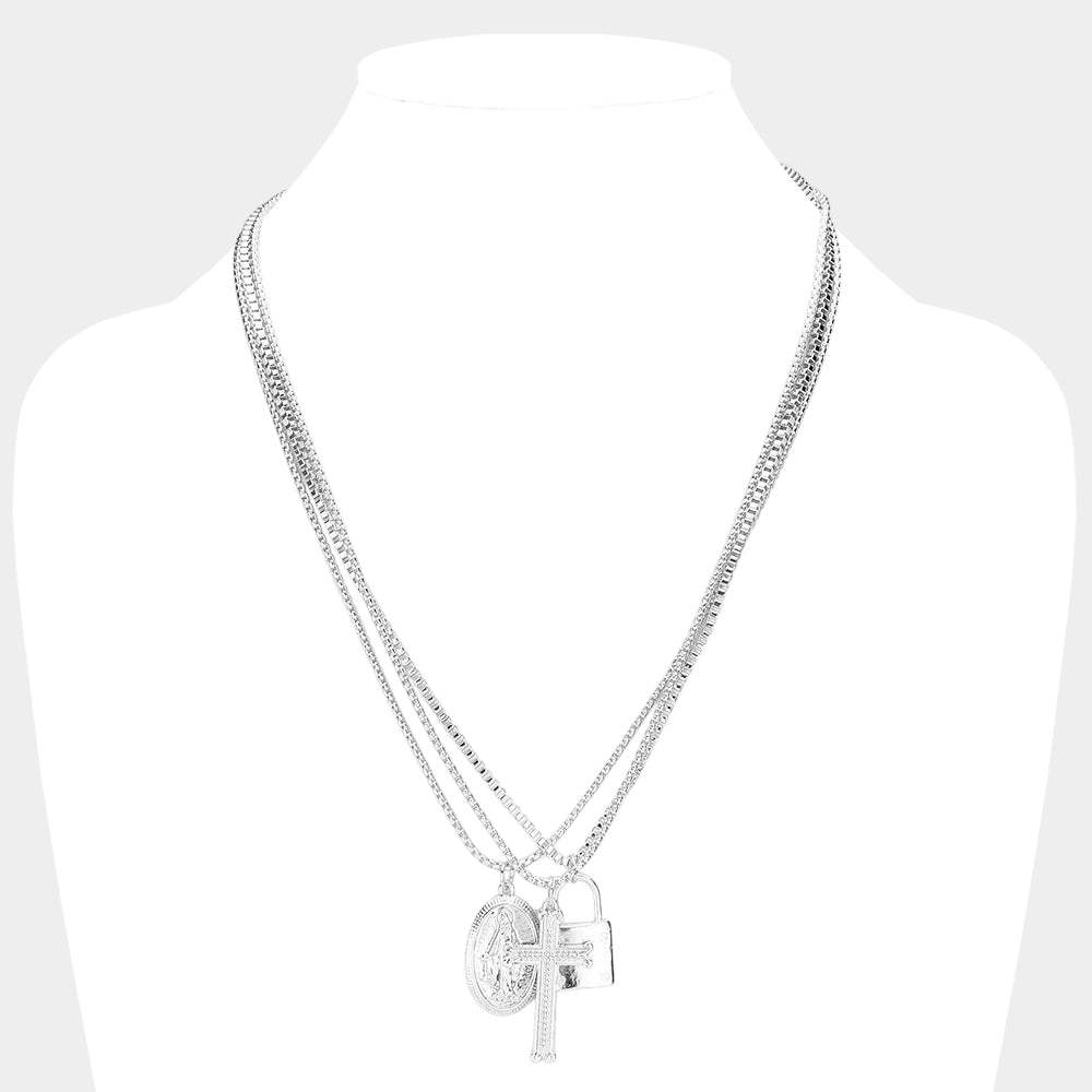 3PCS - Virgin Mary Cross Master Lock Pendant Metal Layered Necklace - Madeline Love - Flyclothing LLC