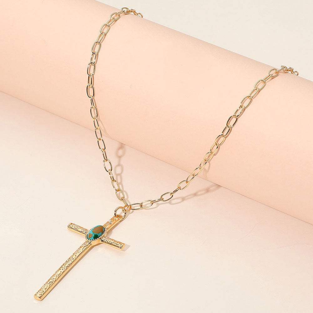 Boho Oval Stone Accent Cross Pendant Necklace - Madeline Love - Flyclothing LLC