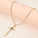 Boho Oval Stone Accent Cross Pendant Necklace - Madeline Love - Flyclothing LLC