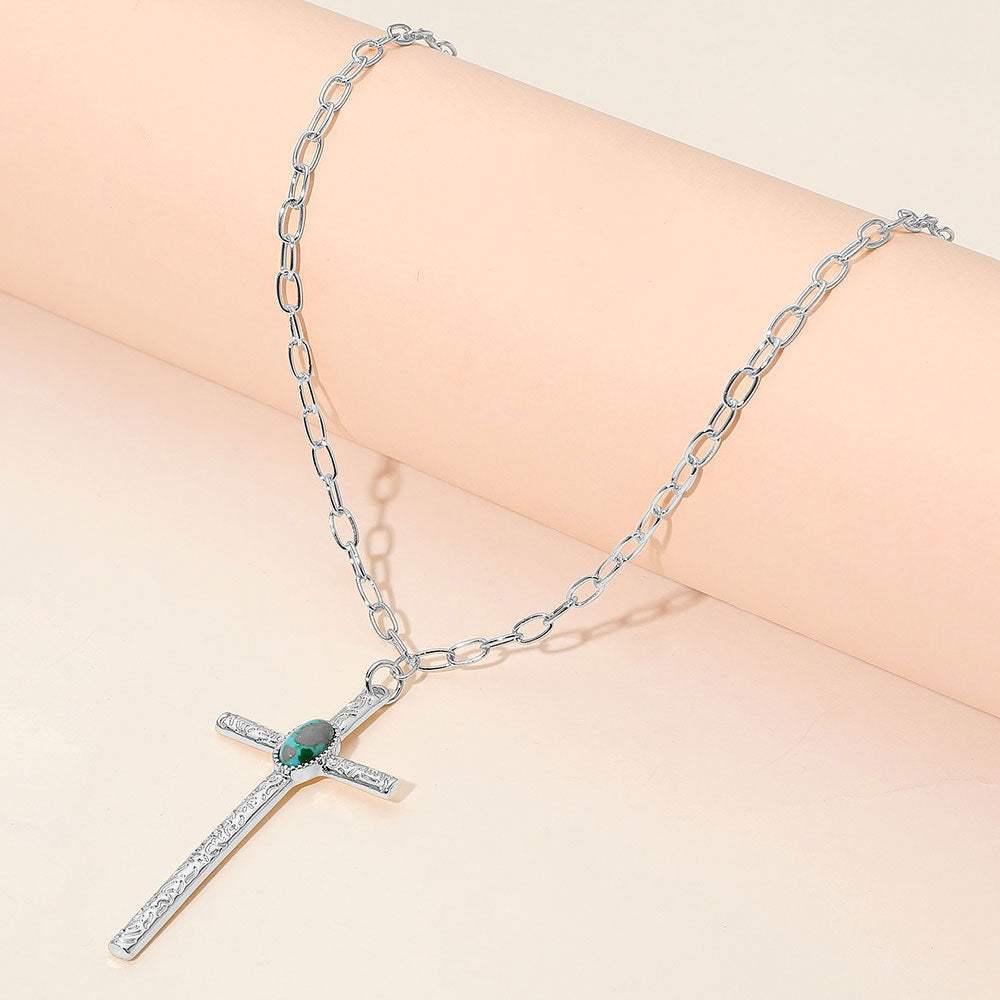 Boho Oval Stone Accent Cross Pendant Necklace - Madeline Love - Flyclothing LLC