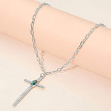Boho Oval Stone Accent Cross Pendant Necklace - Madeline Love - Flyclothing LLC