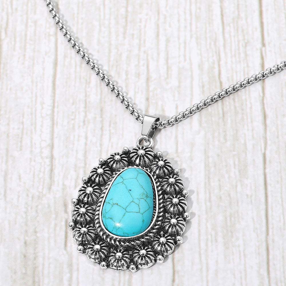 Vintage Floral Trim Oval Stone Pendant Necklace - Madeline Love - Flyclothing LLC