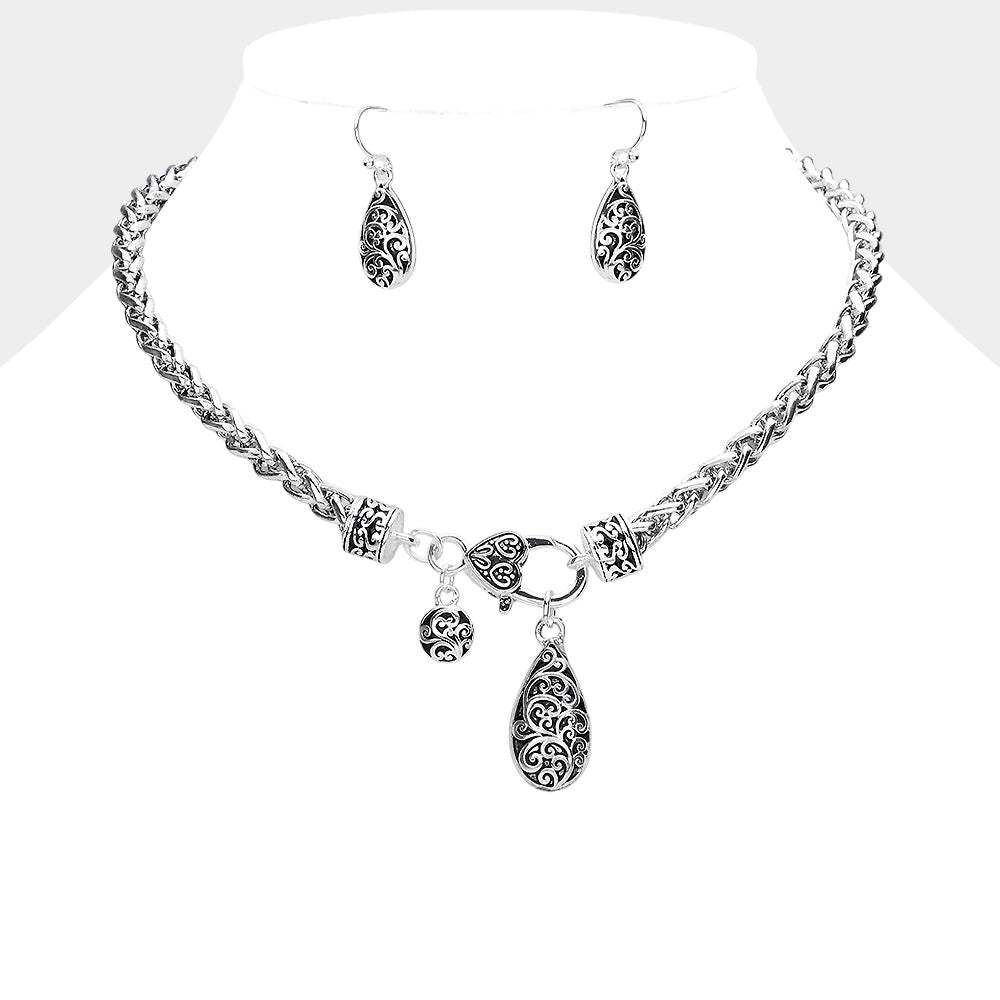 Embossed Antique Metal Textured Teardrop Pendant Necklace - Madeline Love - Flyclothing LLC