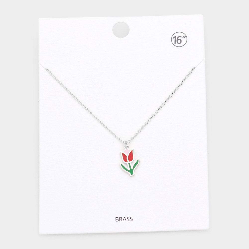 Brass Metal Enamel Tulip Flower Pendant Necklace - Madeline Love - Flyclothing LLC