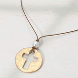Hammered Brushed Metal Open Cross Medallion Pendant Cord Necklace - Madeline Love - Flyclothing LLC