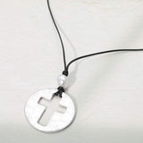 Hammered Brushed Metal Open Cross Medallion Pendant Cord Necklace - Madeline Love - Flyclothing LLC