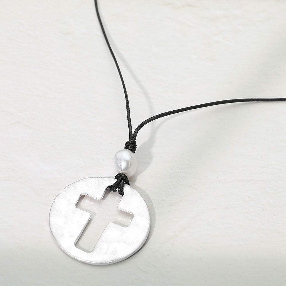 Hammered Brushed Metal Open Cross Medallion Pendant Cord Necklace - Madeline Love - Flyclothing LLC