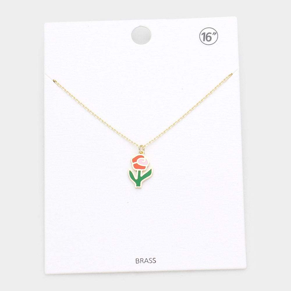 Brass Metal Enamel Rose Flower Pendant Necklace - Madeline Love - Flyclothing LLC
