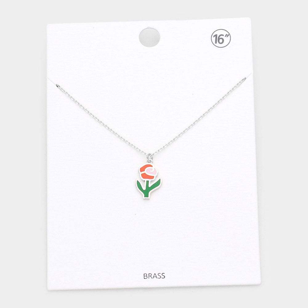 Brass Metal Enamel Rose Flower Pendant Necklace - Madeline Love - Flyclothing LLC