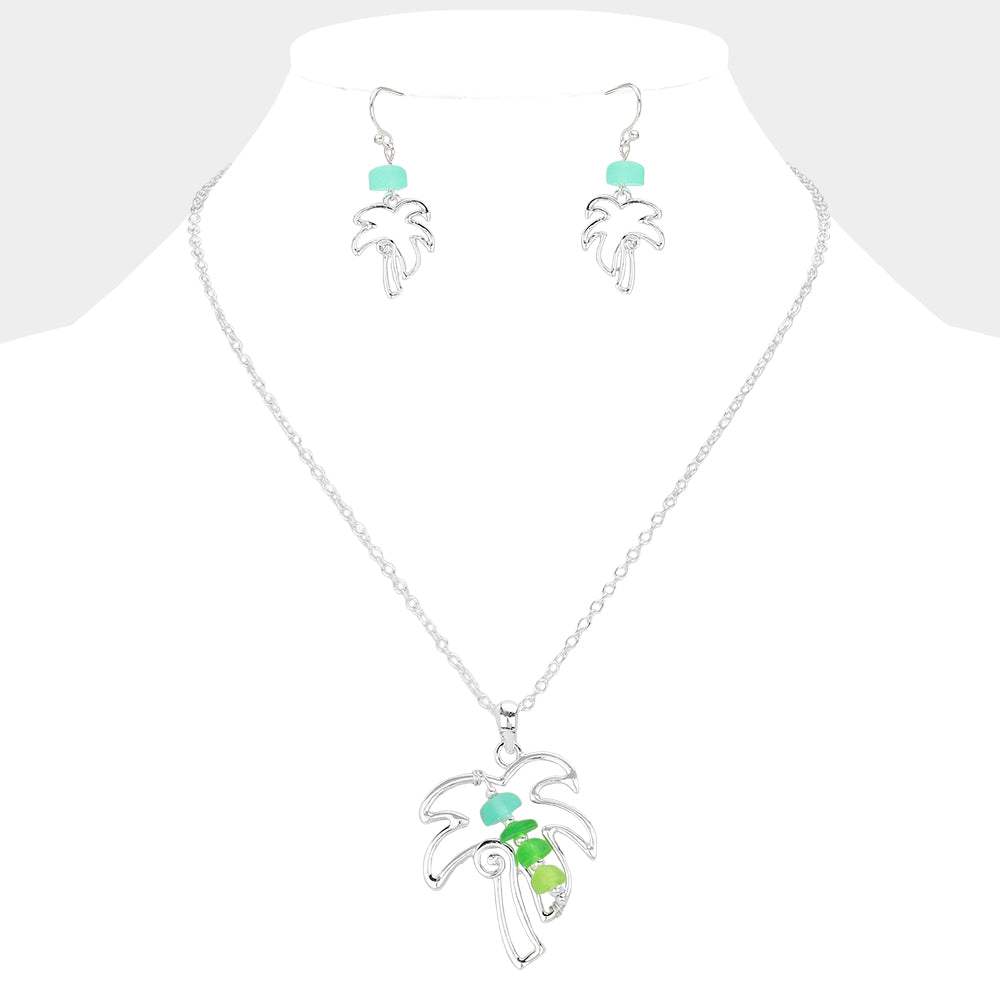 Bean Beads Accented Metal Wire Palm Tree Pendant Necklace - Madeline Love - Flyclothing LLC