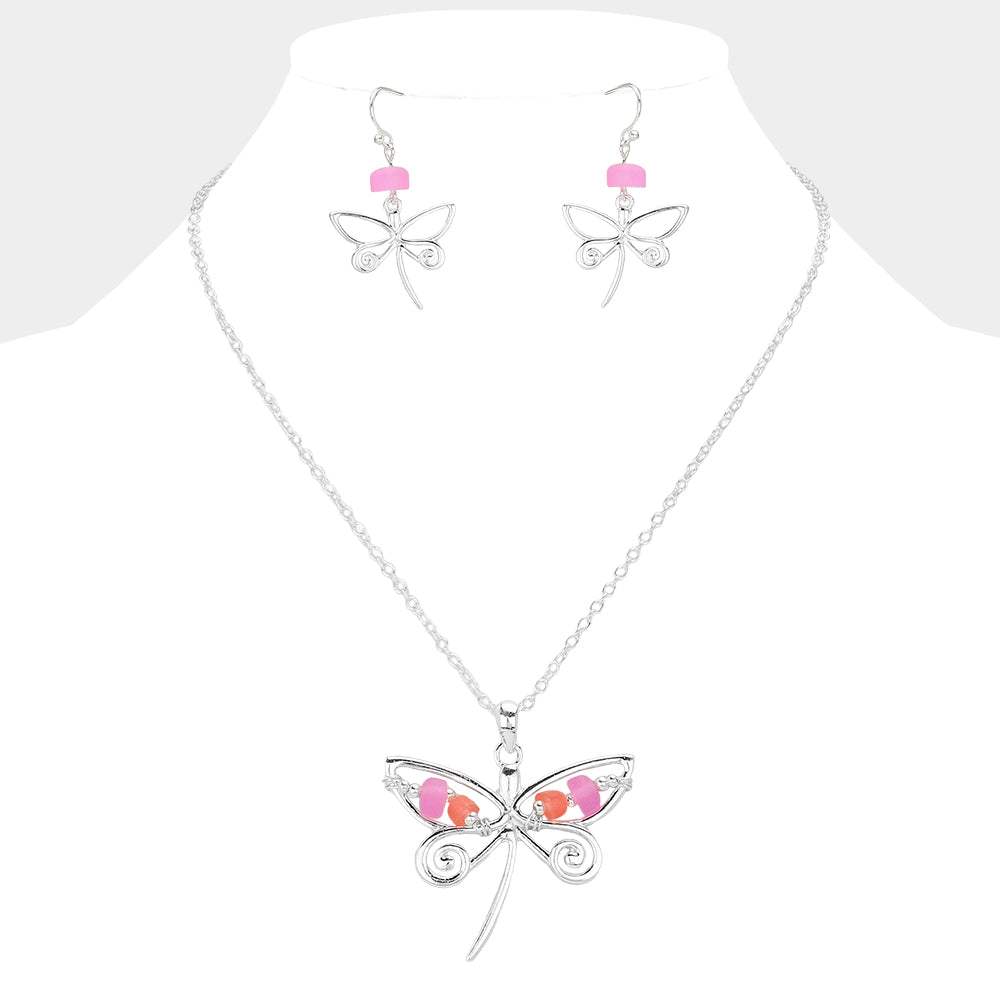 Bean Beads Accented Metal Wire Dragonfly Turtle Pendant Necklace - Madeline Love - Flyclothing LLC